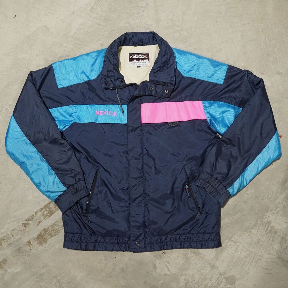 80s Nevica Ski Jacket Mens 38 S Navy Neon Pink Teal Color Block Entrant Vintage